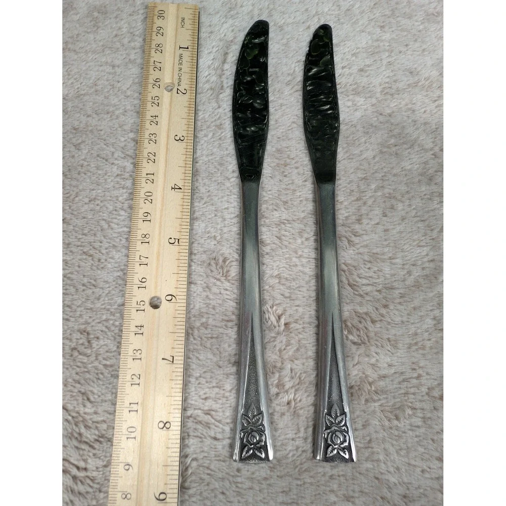 Vintage Korea Stainless Rose Floral Dinner Knives Set‎ of 2 Textured Handle MCM